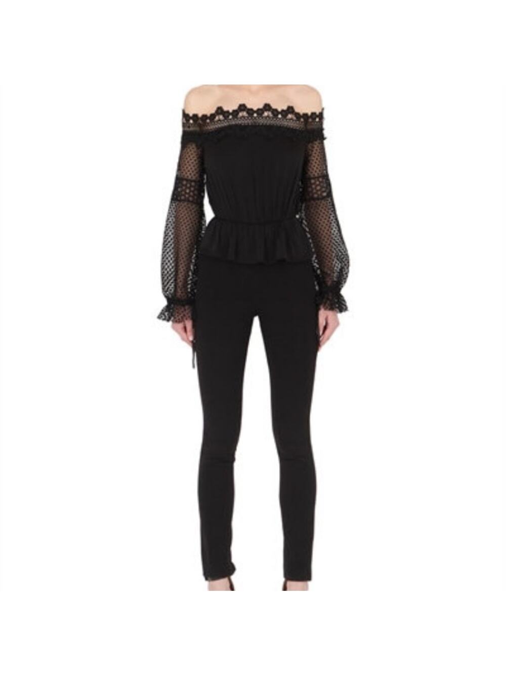 Self-portrait off the shoulder lace sleeve black jumpsuit‎ sz 2